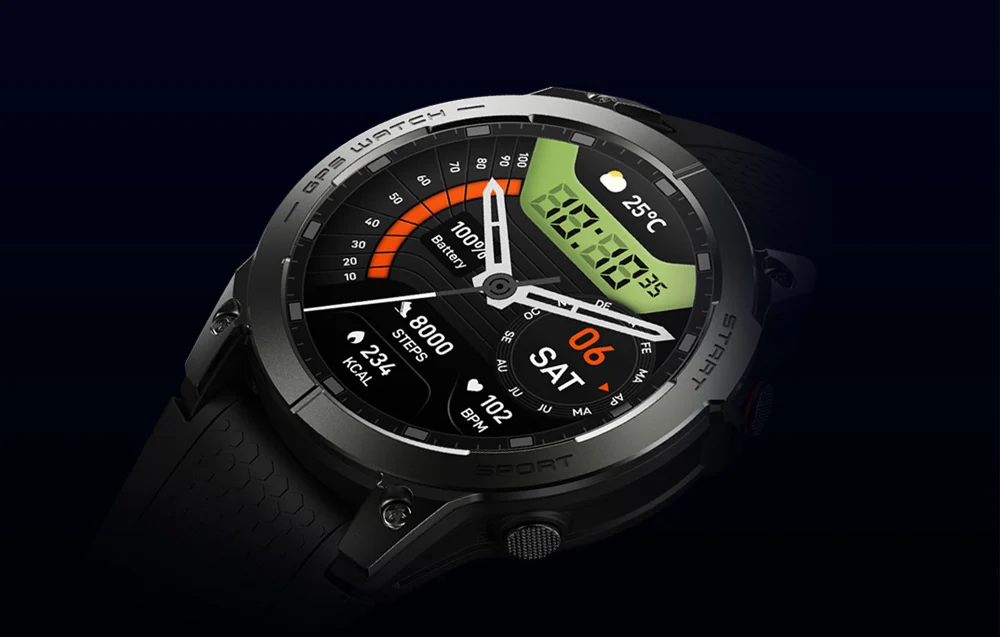 Elegancki czarny smartwatch Zeblaze Stratos 3 Pro z wyświetlaczem Ultra HD AMOLED.